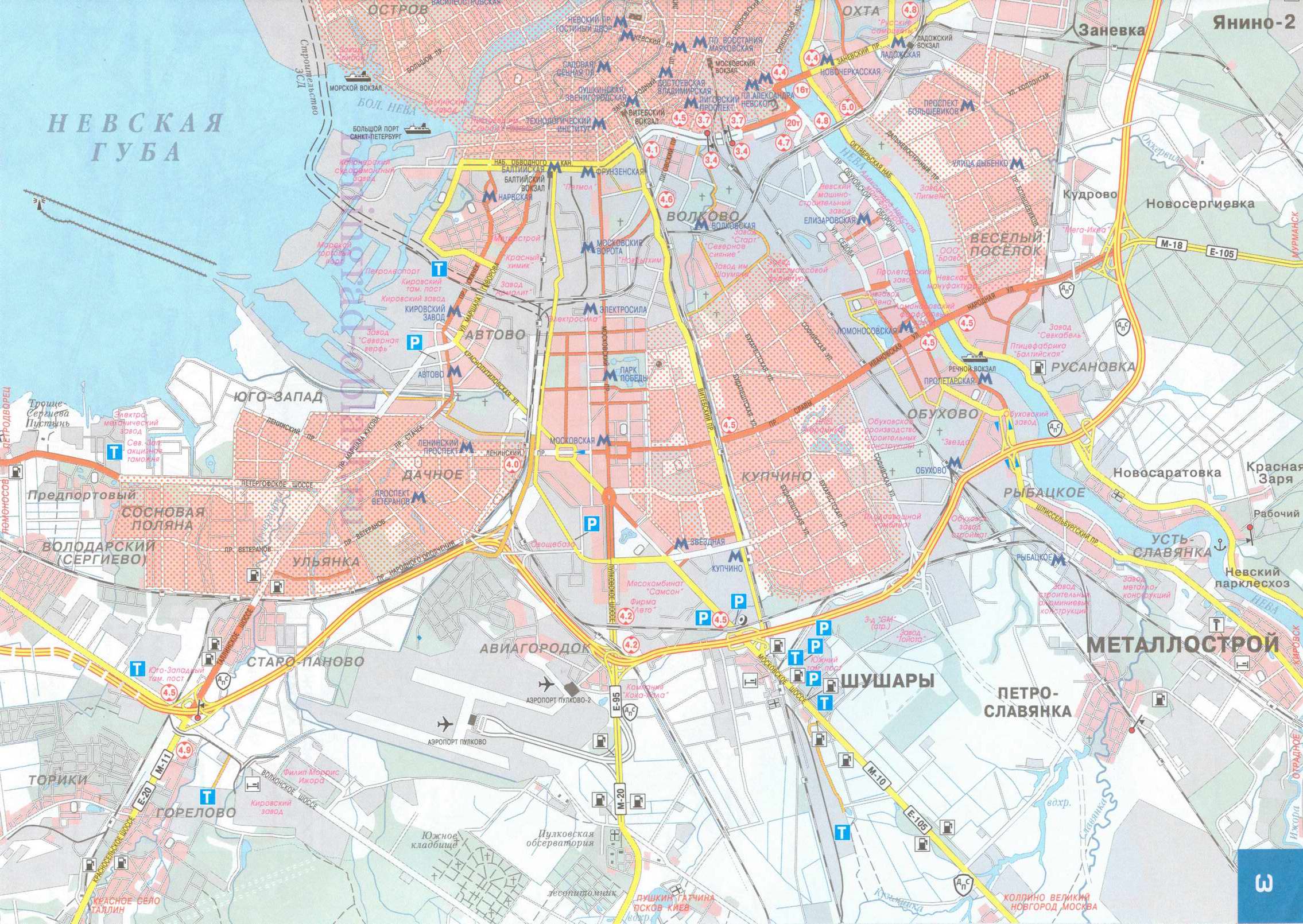 Карта автомобильная Санкт-Петербурга. Карта автомобильных дорог Санкт-Петербурга. Подробная карта дорог Санкт-Петербурга с указанием маршрутов транзитного проезда через город, A1 - 