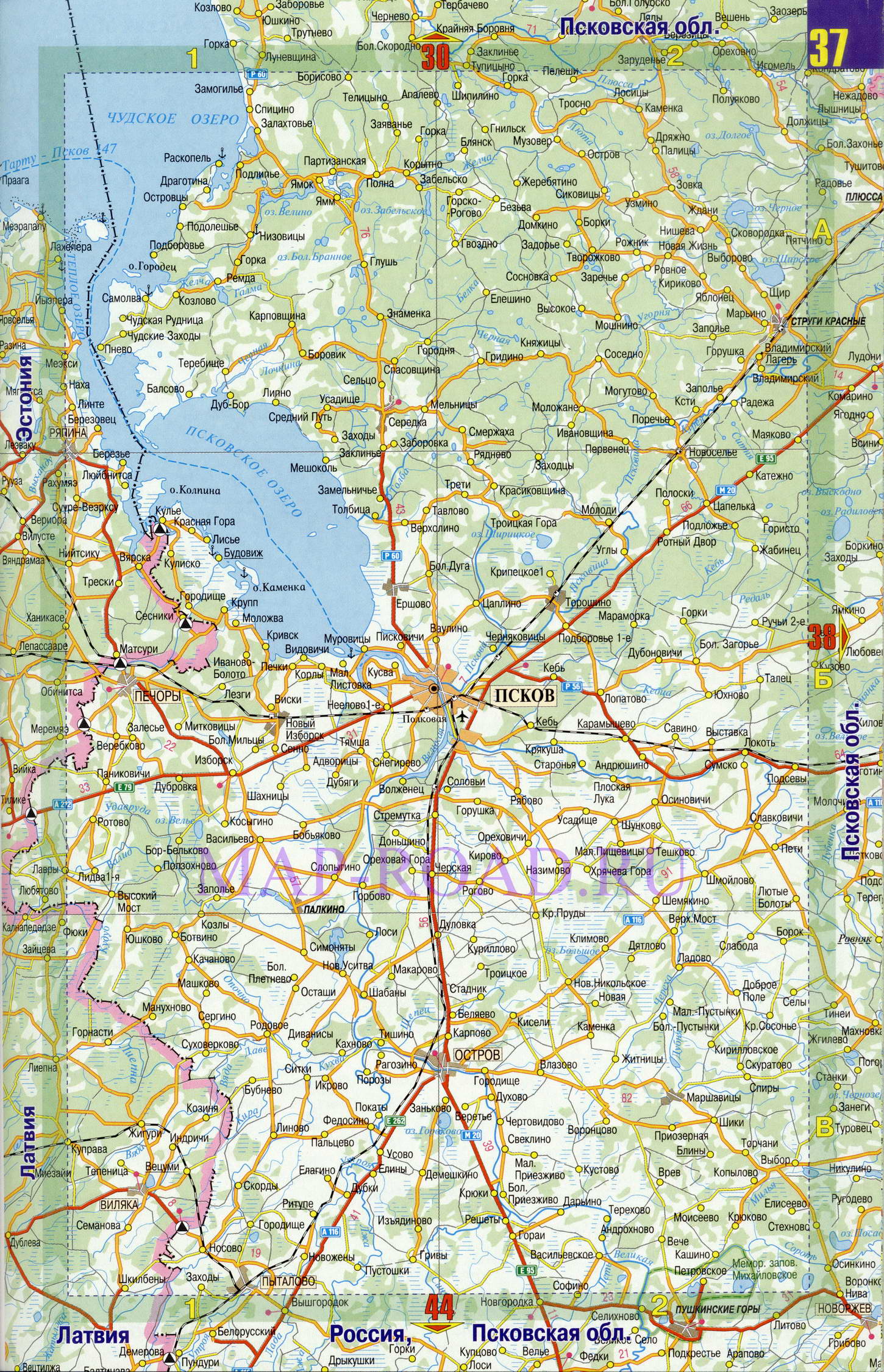 Подробная карта дорог Псковской области. Карта масштаба 1см:7км - Псковская область, A0 - 