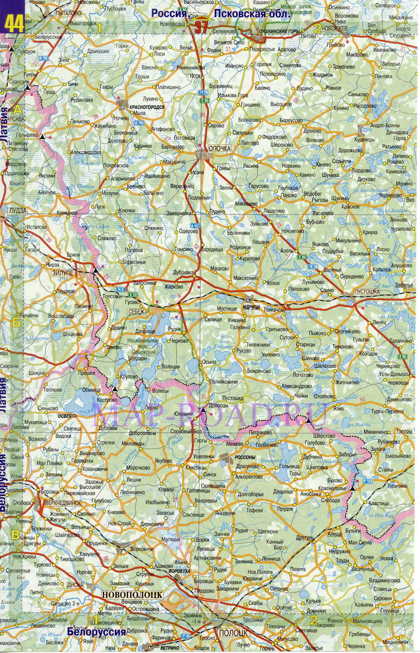 Подробная карта дорог Псковской области. Карта масштаба 1см:7км - Псковская область, A1 - 