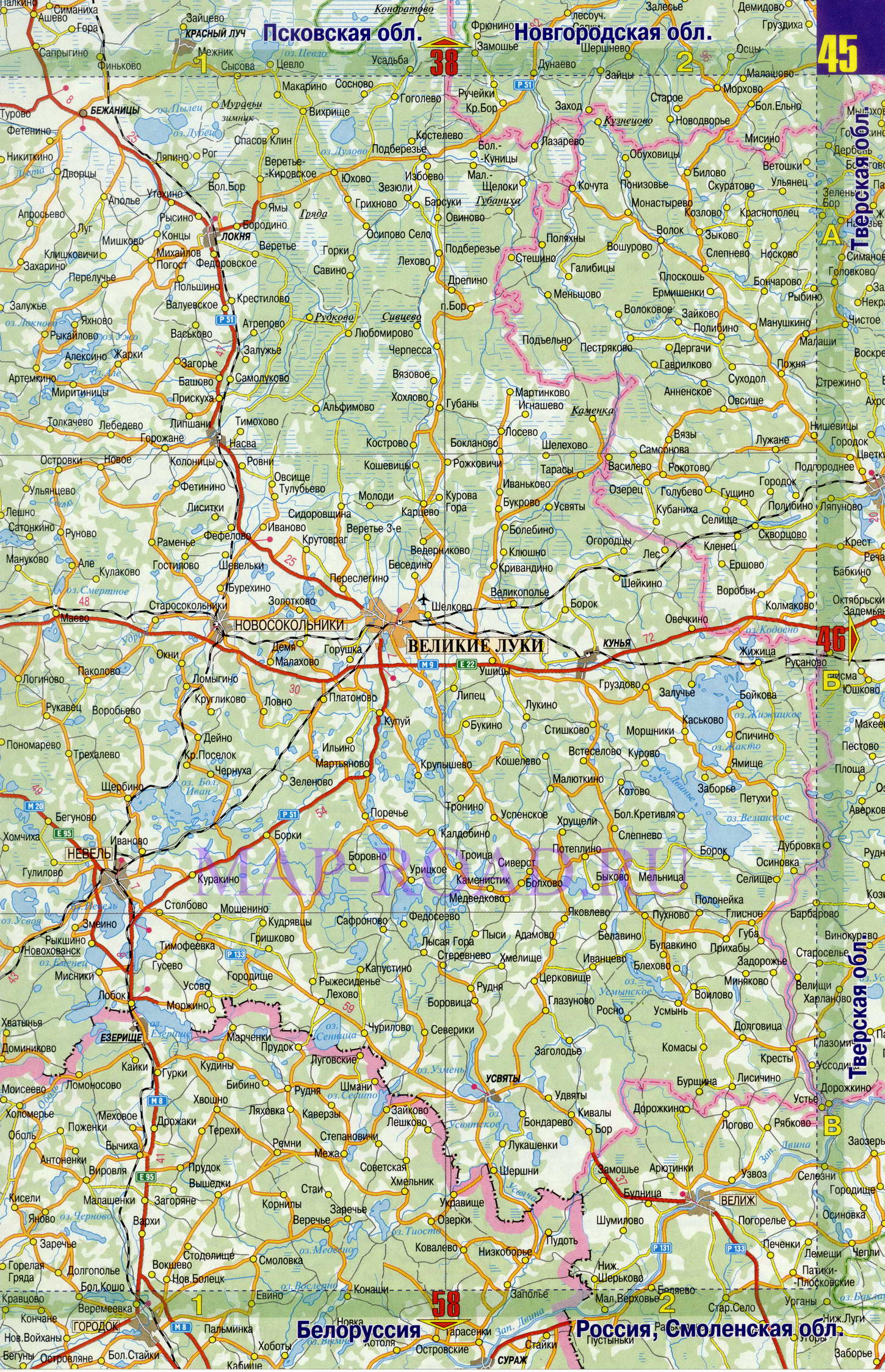 Подробная карта дорог Псковской области. Карта масштаба 1см:7км - Псковская область, B1 - 